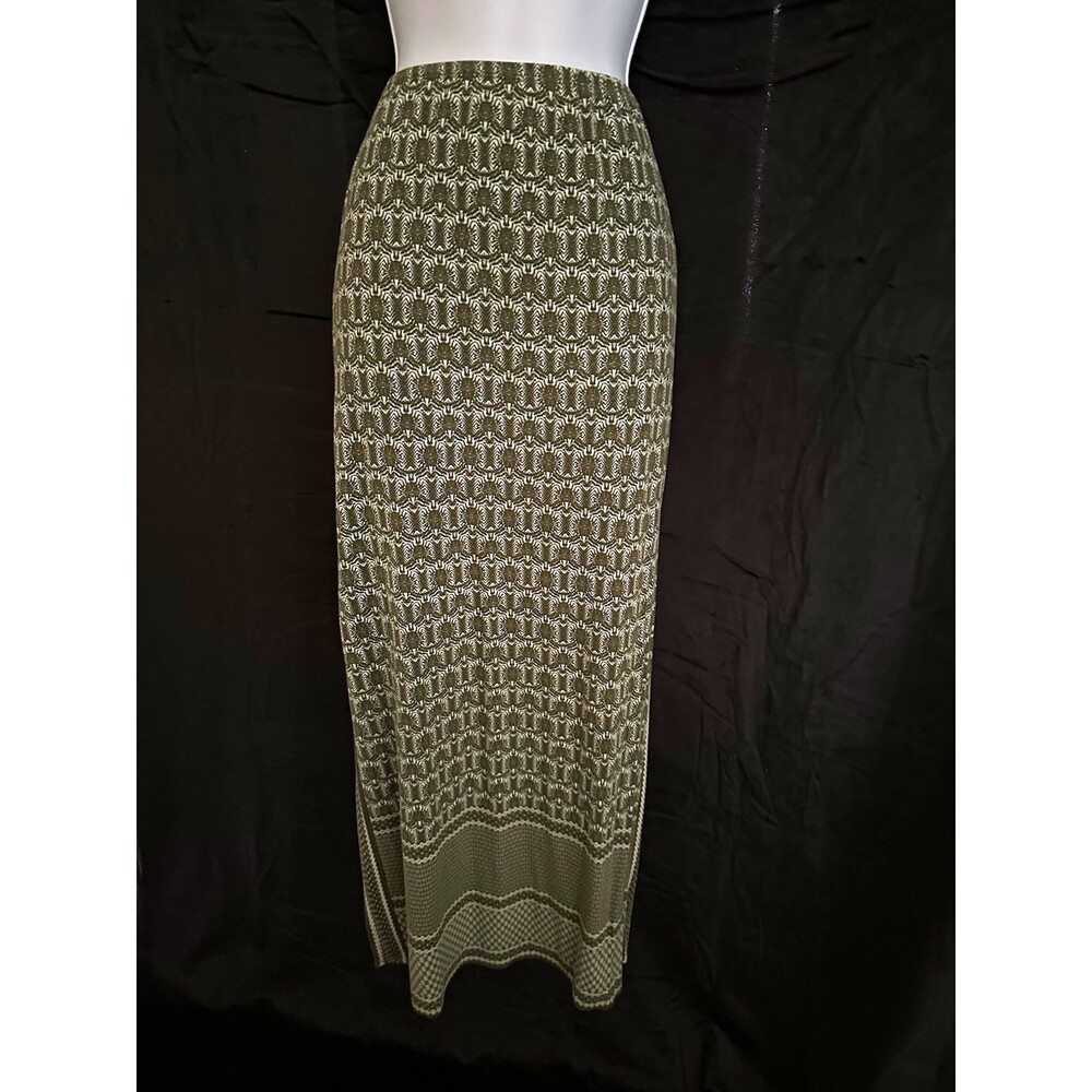 Women’s Green & White Geometric Midi Pencil Skirt Pull On Regular Fit